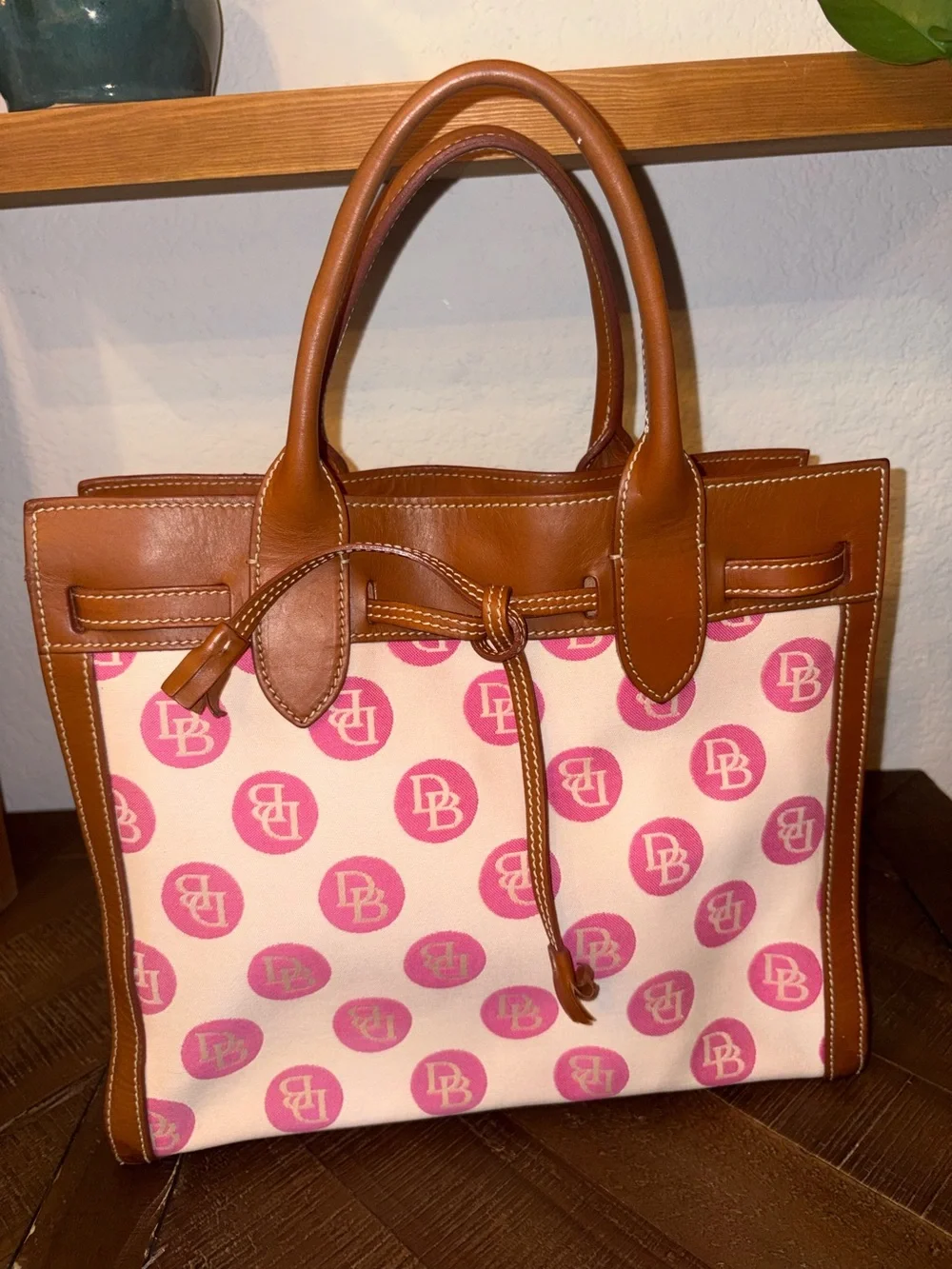Dooney & Bourke Vintage Alto Italy Pink DB Monogram Canvas Tassel Tote